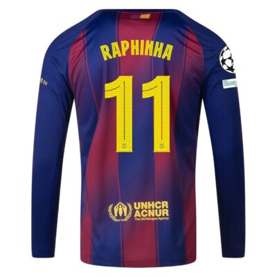 Alternative view of Barca Home Jersey 2025-2026 Raphinha Long Sleeve Ucl