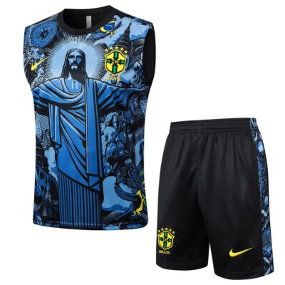 Brazil 2024 2025 Blue Pattern Short Jersey Tank Top Soccer Training Suit