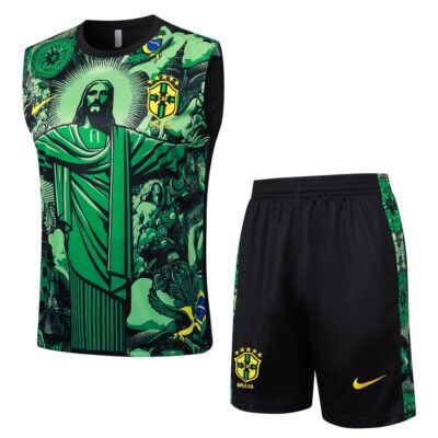 Brazil 2024 2025 Green Pattern Short Jersey Tank Top Soccer Training Suit