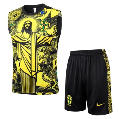 Brazil 2024 2025 Yellow Pattern Short Jersey Tank Top Soccer Training Suit