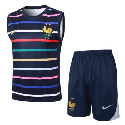 France Team 2024 2025 Blue Pattern Short Jersey Tank Top Soccer Training Suit
