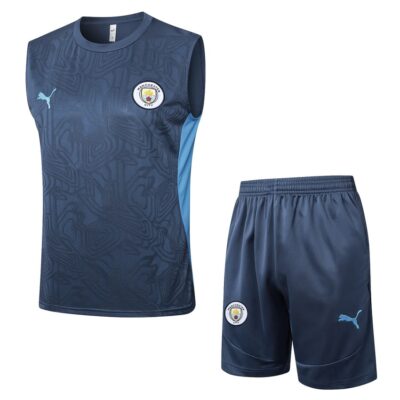 Manchester City 2024 2025 Dark Blue Short Jersey Tank Top Soccer Training Suit