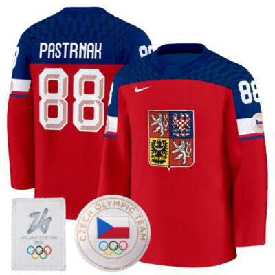 Men's 2026 Czechia Olympic Premium Hockey Jersey - Red / David Pastrnak