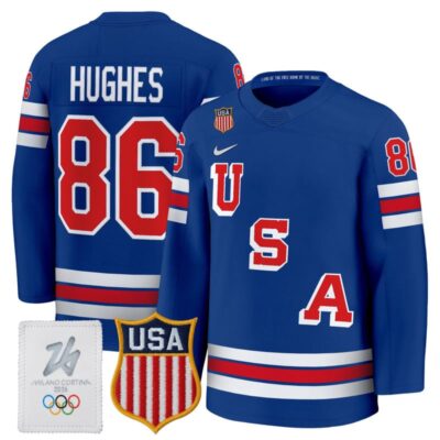 Men's 2026 USA Olympic Premium Hockey Jersey - Royal / Jack Hughes