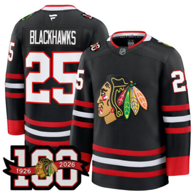 Men's Chicago Blackhawks 2025/26 Premium Jersey - 100th Anniversary Patch - Black / #25 Blackhawks