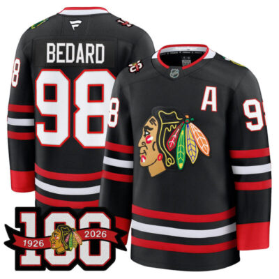 Men's Chicago Blackhawks 2025/26 Premium Jersey - 100th Anniversary Patch - Black / Connor Bedard