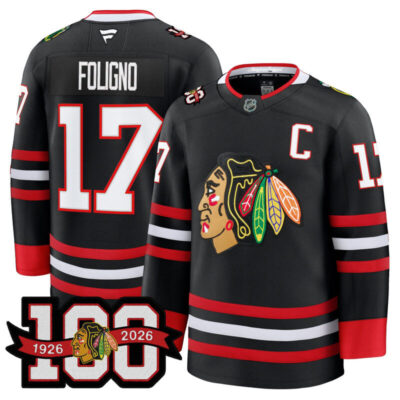 Men's Chicago Blackhawks 2025/26 Premium Jersey - 100th Anniversary Patch - Black / Nick Foligno