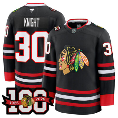 Men's Chicago Blackhawks 2025/26 Premium Jersey - 100th Anniversary Patch - Black / Spencer Knight