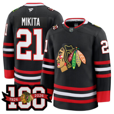 Men's Chicago Blackhawks 2025/26 Premium Jersey - 100th Anniversary Patch - Black / Stan Mikita