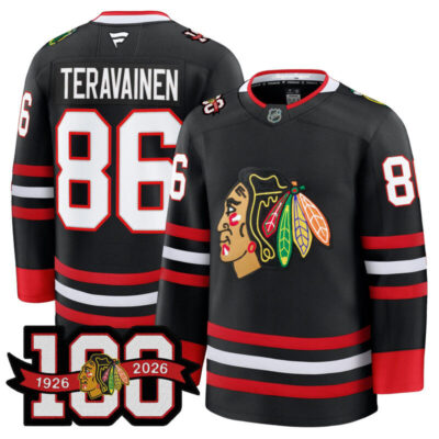 Men's Chicago Blackhawks 2025/26 Premium Jersey - 100th Anniversary Patch - Black / Teuvo Teravainen