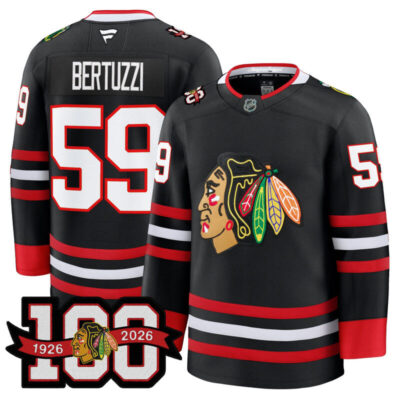 Men's Chicago Blackhawks 2025/26 Premium Jersey - 100th Anniversary Patch - Black / Tyler Bertuzzi