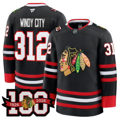 Men's Chicago Blackhawks 2025/26 Premium Jersey - 100th Anniversary Patch - Black / Windy City 312
