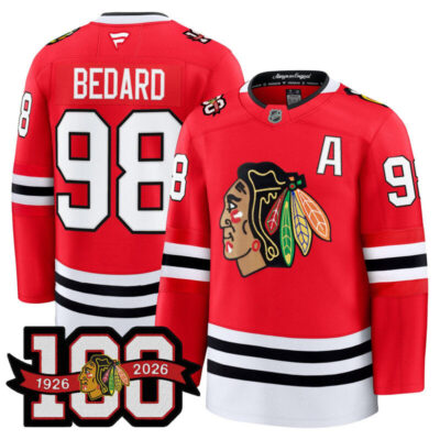 Men's Chicago Blackhawks 2025/26 Premium Jersey - 100th Anniversary Patch - Red / Connor Bedard