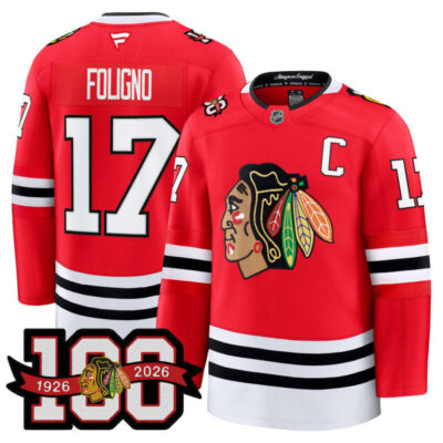 Men's Chicago Blackhawks 2025/26 Premium Jersey - 100th Anniversary Patch - Red / Nick Foligno