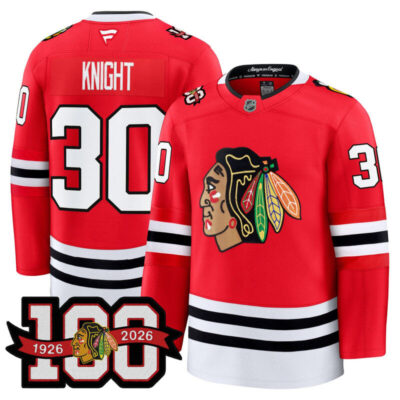 Men's Chicago Blackhawks 2025/26 Premium Jersey - 100th Anniversary Patch - Red / Spencer Knight