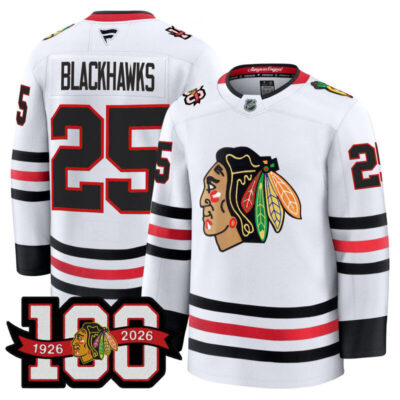 Men's Chicago Blackhawks 2025/26 Premium Jersey - 100th Anniversary Patch - White / #25 Blackhawks