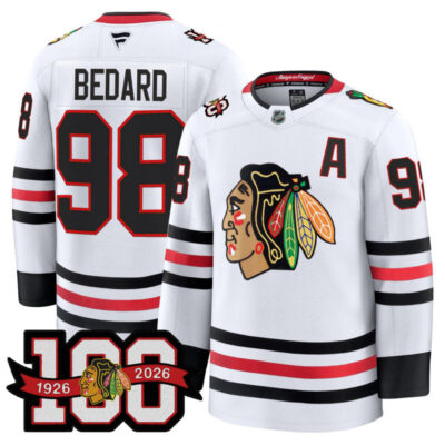 Men's Chicago Blackhawks 2025/26 Premium Jersey - 100th Anniversary Patch - White / Connor Bedard