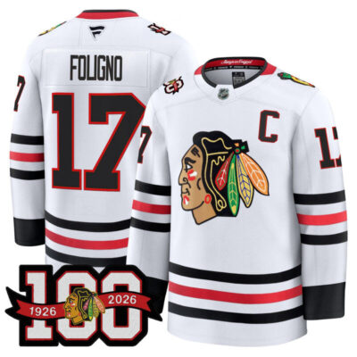 Men's Chicago Blackhawks 2025/26 Premium Jersey - 100th Anniversary Patch - White / Nick Foligno