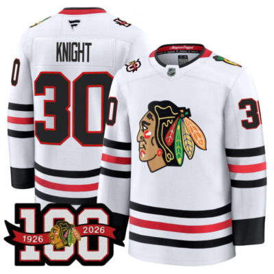 Men's Chicago Blackhawks 2025/26 Premium Jersey - 100th Anniversary Patch - White / Spencer Knight