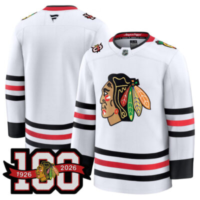 Men's Chicago Blackhawks 2025/26 Premium Jersey - 100th Anniversary Patch - White / Team
