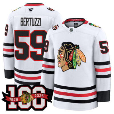Men's Chicago Blackhawks 2025/26 Premium Jersey - 100th Anniversary Patch - White / Tyler Bertuzzi