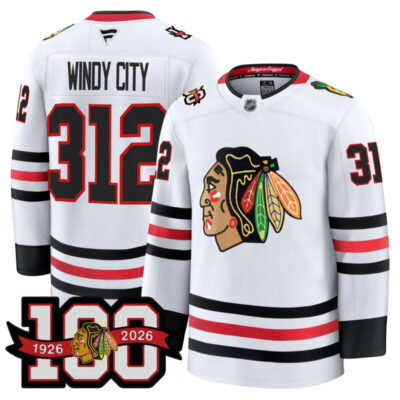 Men's Chicago Blackhawks 2025/26 Premium Jersey - 100th Anniversary Patch - White / Windy City 312