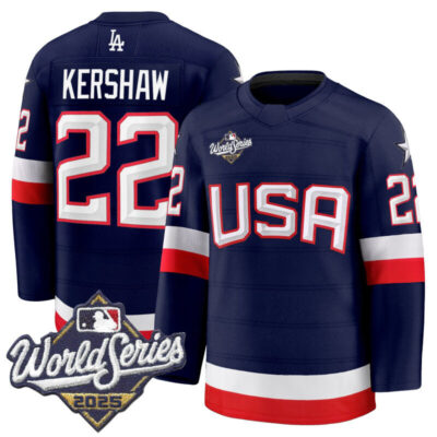 Men's Los Angeles Dodgers 2025 World Series Premium Jersey - USA Hockey Style - Navy / Clayton Kershaw