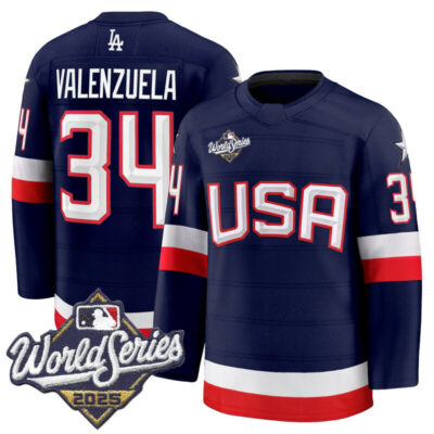 Men's Los Angeles Dodgers 2025 World Series Premium Jersey - USA Hockey Style - Navy / Fernando Valenzuela