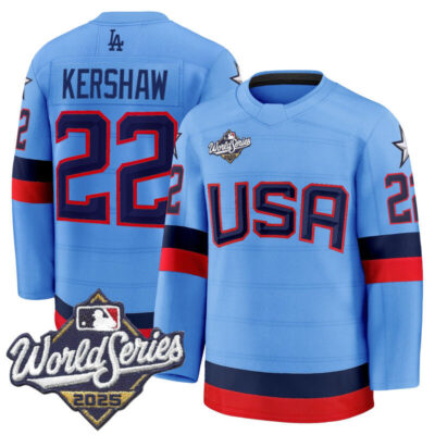 Men's Los Angeles Dodgers 2025 World Series Premium Jersey - USA Hockey Style - Powder Blue / Clayton Kershaw