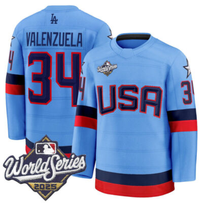 Men's Los Angeles Dodgers 2025 World Series Premium Jersey - USA Hockey Style - Powder Blue / Fernando Valenzuela