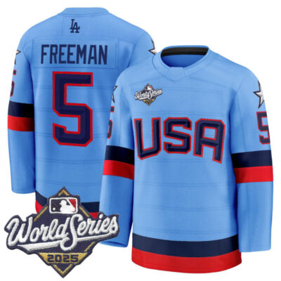 Men's Los Angeles Dodgers 2025 World Series Premium Jersey - USA Hockey Style - Powder Blue / Freddie Freeman