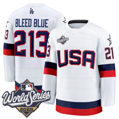 Men's Los Angeles Dodgers 2025 World Series Premium Jersey - USA Hockey Style - White / Bleed Blue 213