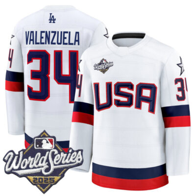 Men's Los Angeles Dodgers 2025 World Series Premium Jersey - USA Hockey Style - White / Fernando Valenzuela