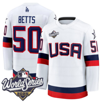 Men's Los Angeles Dodgers 2025 World Series Premium Jersey - USA Hockey Style - White / Mookie Betts