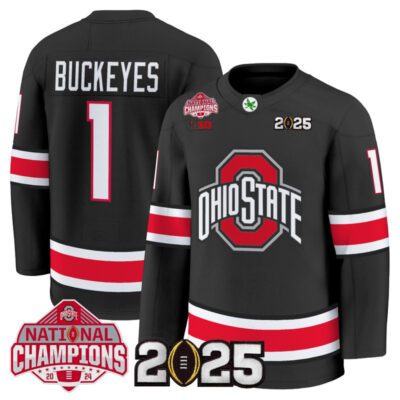 Men's Ohio State Buckeyes Football 2025 National Champions Patch Premium Jersey - Hockey Style - Black / #1 Buckeyes