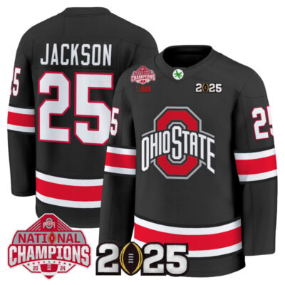 Men's Ohio State Buckeyes Football 2025 National Champions Patch Premium Jersey - Hockey Style - Black / Bo Jackson