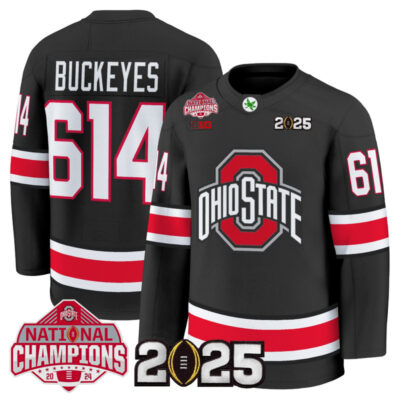Men's Ohio State Buckeyes Football 2025 National Champions Patch Premium Jersey - Hockey Style - Black / Buckeyes 614