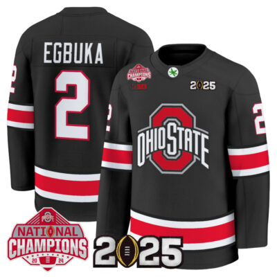 Men's Ohio State Buckeyes Football 2025 National Champions Patch Premium Jersey - Hockey Style - Black / Emeka Egbuka