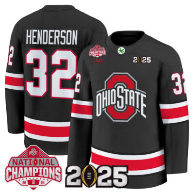 Men's Ohio State Buckeyes Football 2025 National Champions Patch Premium Jersey - Hockey Style - Black / Treveyon Henderson