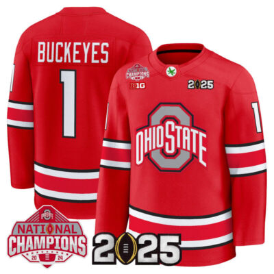 Men's Ohio State Buckeyes Football 2025 National Champions Patch Premium Jersey - Hockey Style - Red / #1 Buckeyes