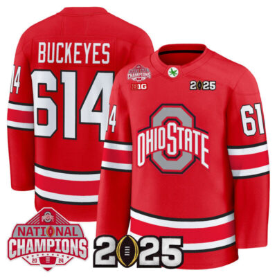 Men's Ohio State Buckeyes Football 2025 National Champions Patch Premium Jersey - Hockey Style - Red / Buckeyes 614
