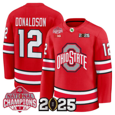 Men's Ohio State Buckeyes Football 2025 National Champions Patch Premium Jersey - Hockey Style - Red / CJ Donaldson