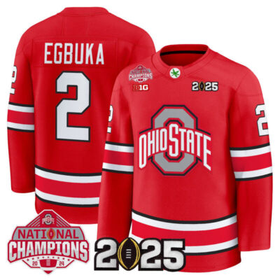 Men's Ohio State Buckeyes Football 2025 National Champions Patch Premium Jersey - Hockey Style - Red / Emeka Egbuka