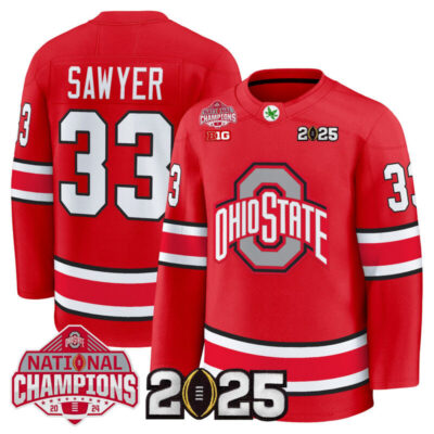 Men's Ohio State Buckeyes Football 2025 National Champions Patch Premium Jersey - Hockey Style - Red / Jack Sawyer