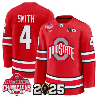 Men's Ohio State Buckeyes Football 2025 National Champions Patch Premium Jersey - Hockey Style - Red / Jeremiah Smith