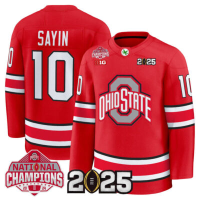 Men's Ohio State Buckeyes Football 2025 National Champions Patch Premium Jersey - Hockey Style - Red / Julian Sayin