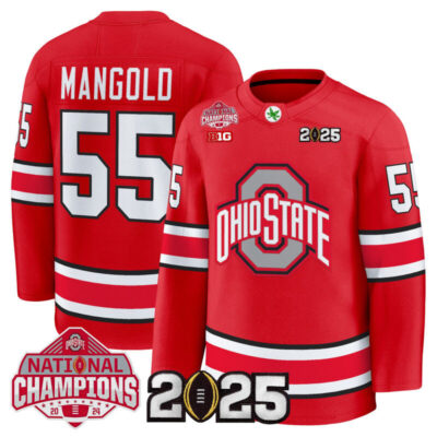 Men's Ohio State Buckeyes Football 2025 National Champions Patch Premium Jersey - Hockey Style - Red / Nick Mangold
