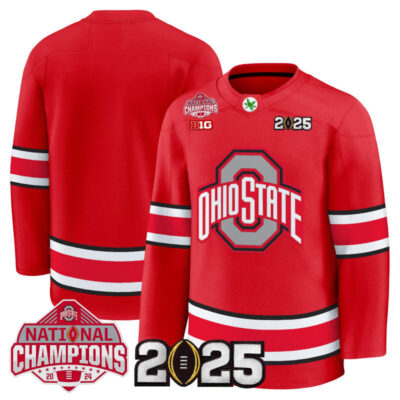 Men's Ohio State Buckeyes Football 2025 National Champions Patch Premium Jersey - Hockey Style - Red / Team