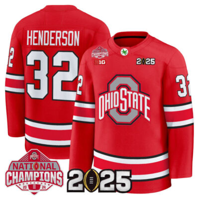 Men's Ohio State Buckeyes Football 2025 National Champions Patch Premium Jersey - Hockey Style - Red / Treveyon Henderson