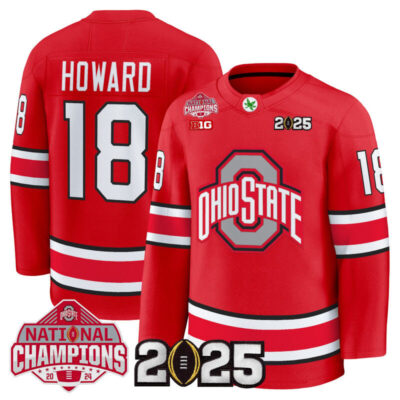 Men's Ohio State Buckeyes Football 2025 National Champions Patch Premium Jersey - Hockey Style - Red / Will Howard